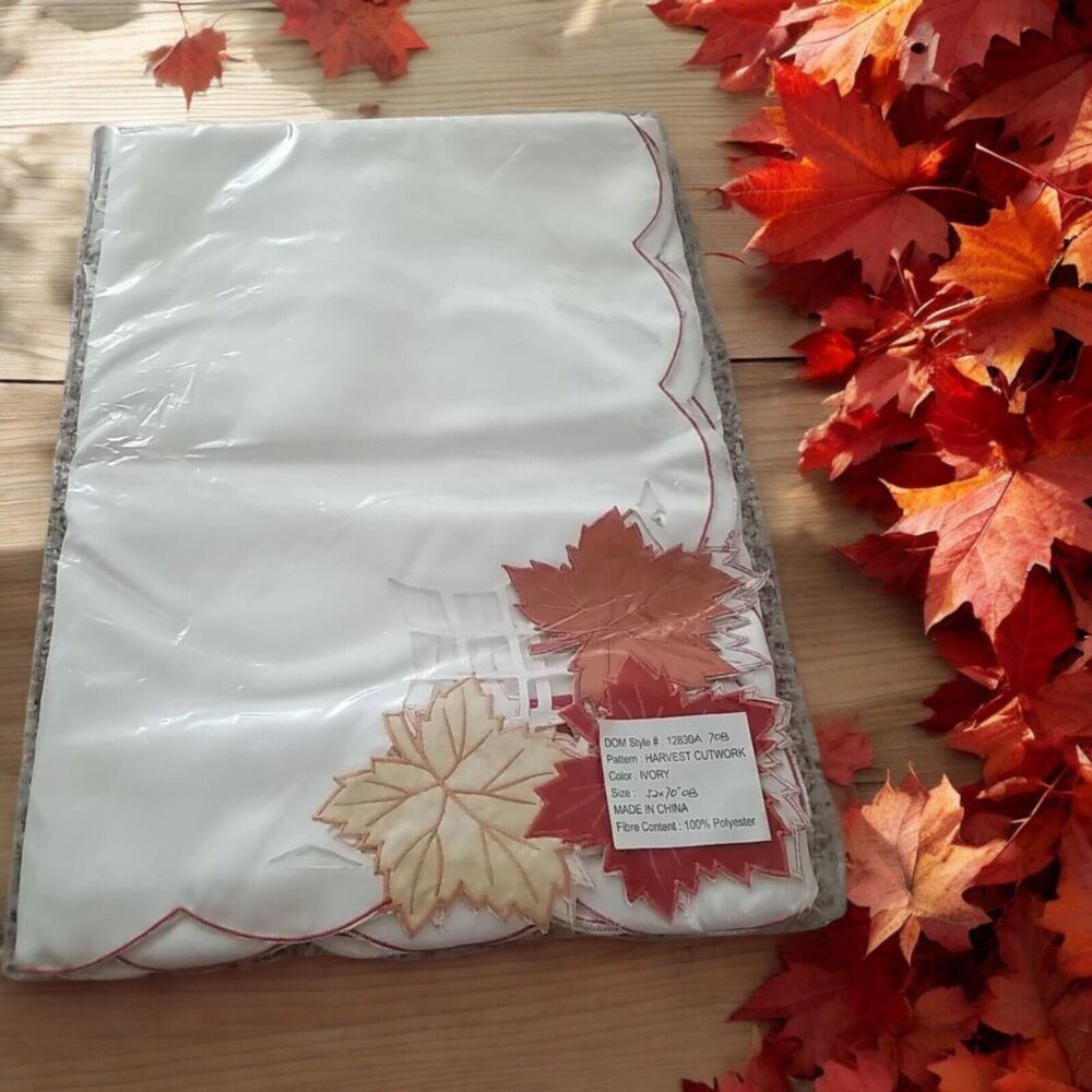 Harvest Cutwork Ivory Table‎ Cloth Fall Rust Leaves Oblong 52"x70" Thanksgiving